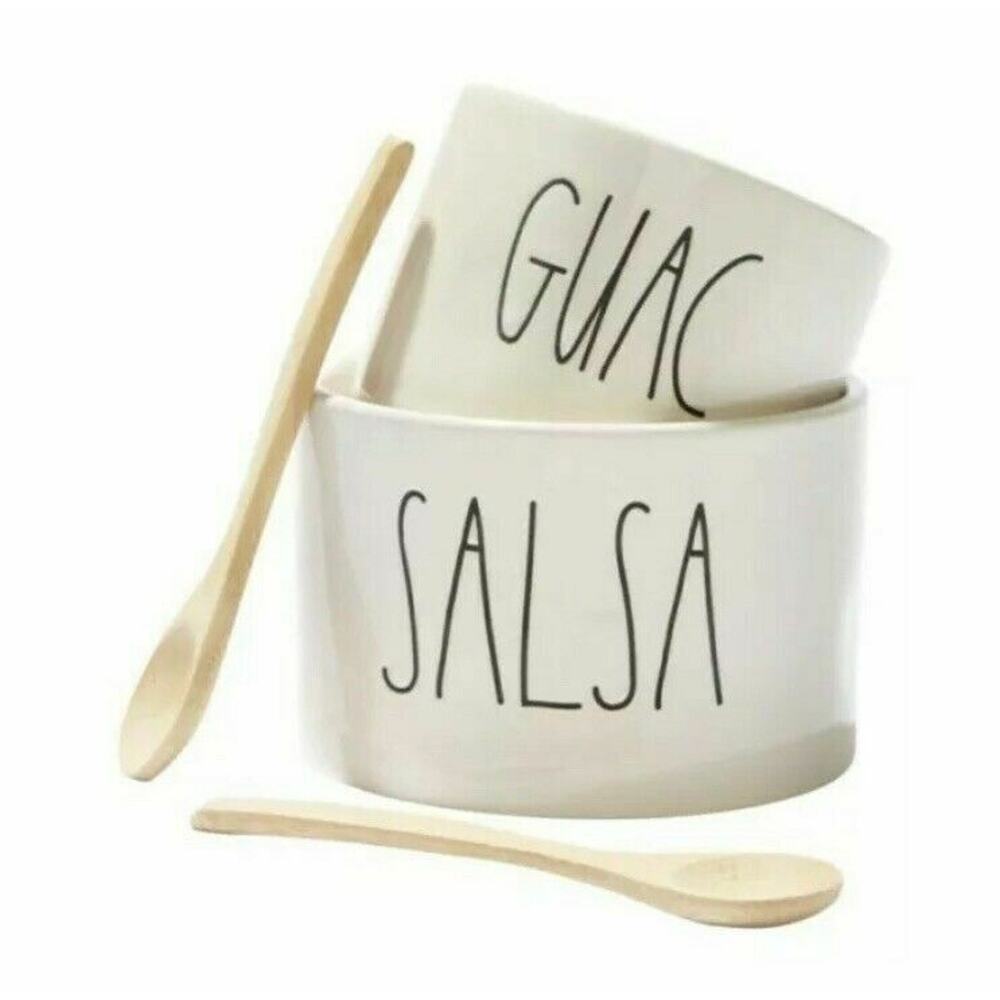 Rae Dunn Guac Salsa Bowl Set and Bamboo Spoons Artisan Collection by Magenta